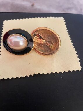 Gold-Tone Black Enamel Pearl Clip-On Earrings